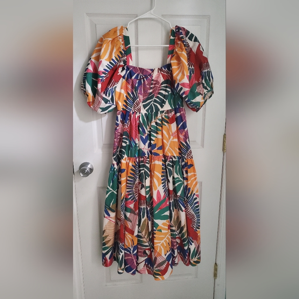 Farm Rio Smocked Midi Dress Tropical Parrot Print Balloon Sleeves Size S